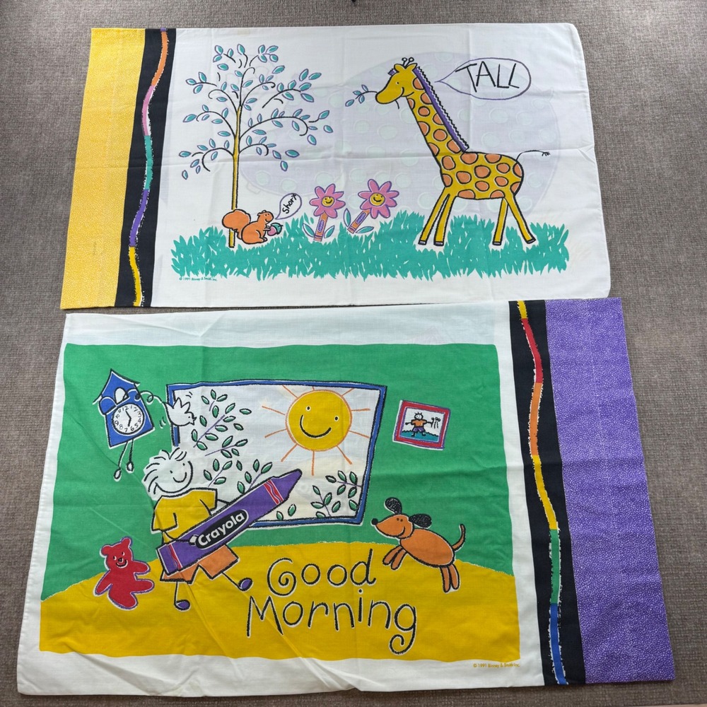 Vintage 1991 Crayola Kids Cannon Pillowcase Set Good Morning Night Hippo Giraffe